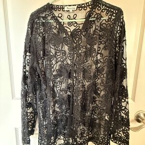 Jeannie Black Lace Sheer Cardigan Women’s Large Boho Mesh Overlay Top
